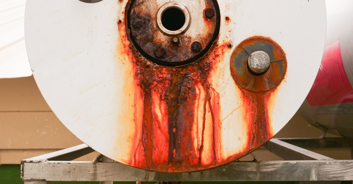 A large water heater tank turned on its side so the bottom is visible. The area is leaky and covered in rust.
