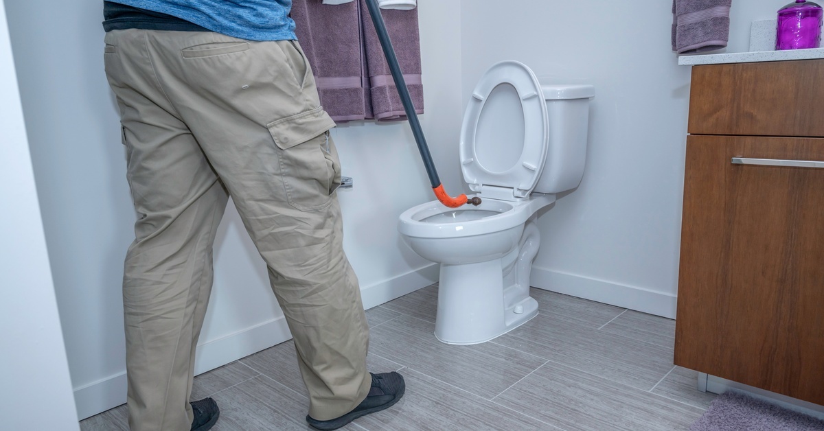A man holding a toilet auger, preparing to insert it into the bowl of a toilet in a purple-themed bathroom.