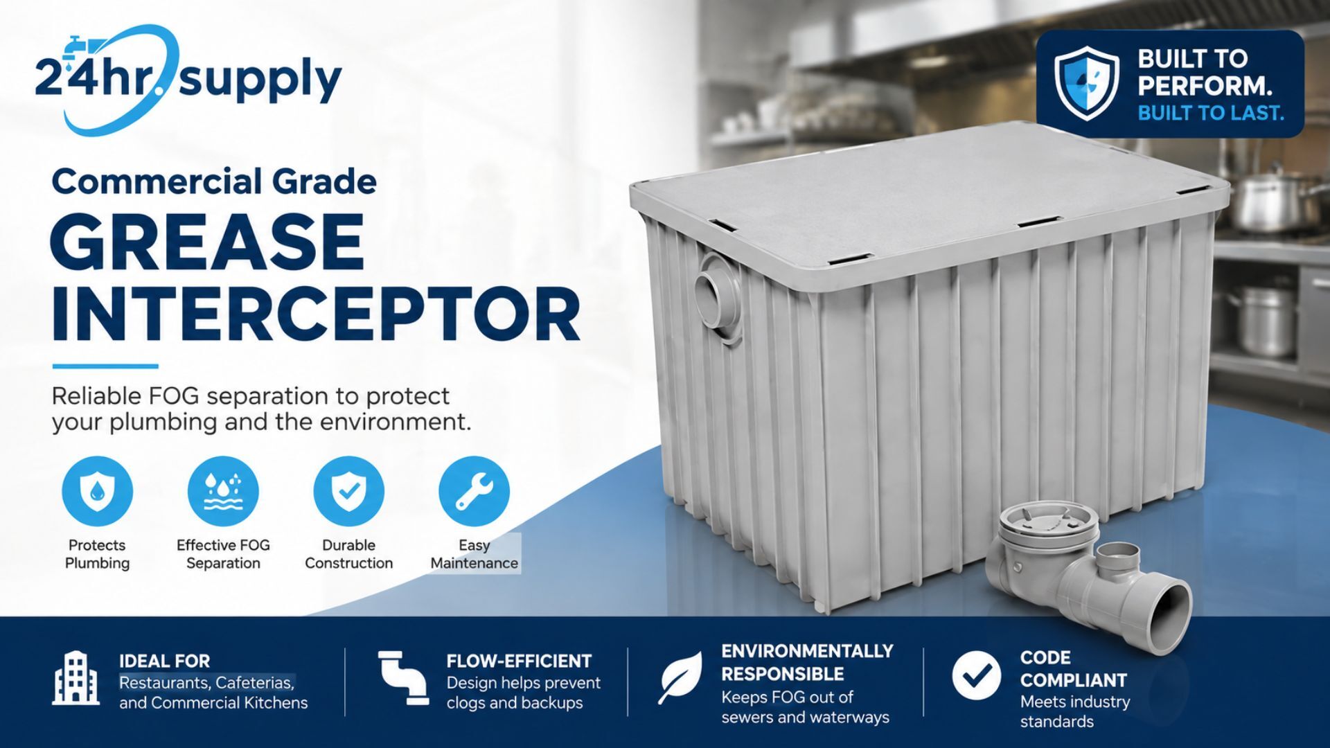 A commercial-grade grease interceptor is shown in a stainless-steel commercial kitchen setting with its inlet connection and plumbing fitting visible. The ribbed rectangular tank is presented as a system for separating fats, oils, and grease from wastewater before it reaches downstream plumbing. Supporting callouts emphasize plumbing protection, FOG separation, durable construction, easy maintenance, flow efficiency, and suitability for restaurants, cafeterias, and commercial kitchens. The layout also highlights environmental responsibility and code-compliance considerations for grease management systems.