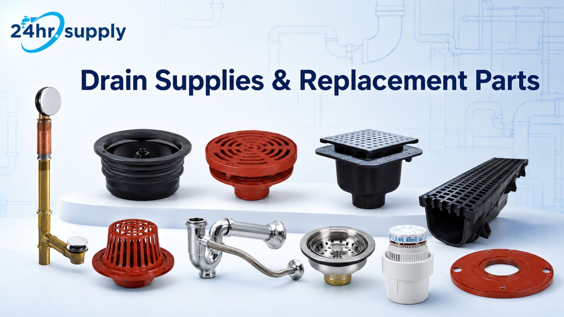 Image displaying a range of plumbing drain supplies and replacement parts used in residential and commercial drainage systems. The assortment includes a bathtub drain assembly, roof drains, floor drains, trench drain channel, P-trap, basket sink strainer, air admittance valve, drain dome, and mounting flange, representing components that collect, direct, vent, and safely remove wastewater or stormwater. These replacement parts support the installation, repair, and maintenance of drain-waste-vent systems, helping maintain proper drainage flow and reliable plumbing performance.