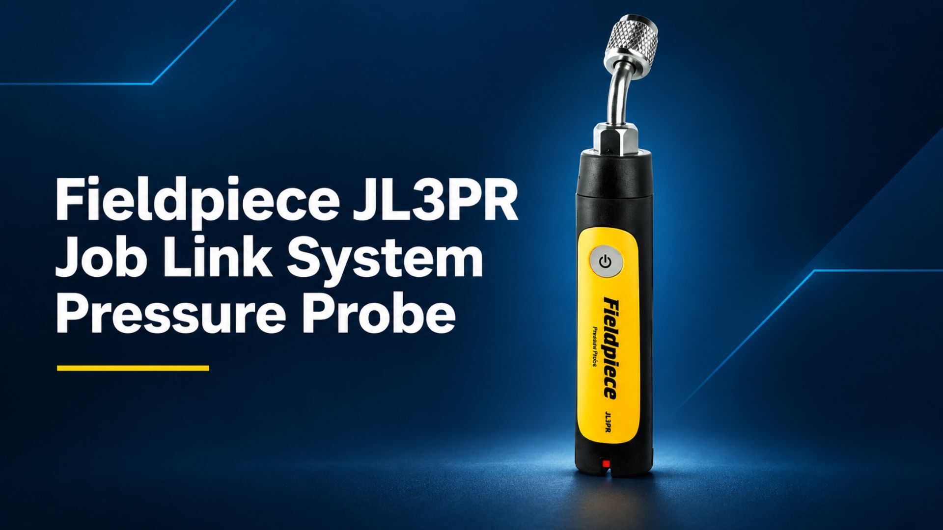 A Fieldpiece JL3PR Job Link System pressure probe stands upright against a dark blue product-display background. The handheld HVAC tool has a black body, yellow front panel, gray power button, and an angled metal refrigerant fitting at the top. Its compact wireless design allows HVAC technicians to measure system pressure during equipment servicing and diagnostics.