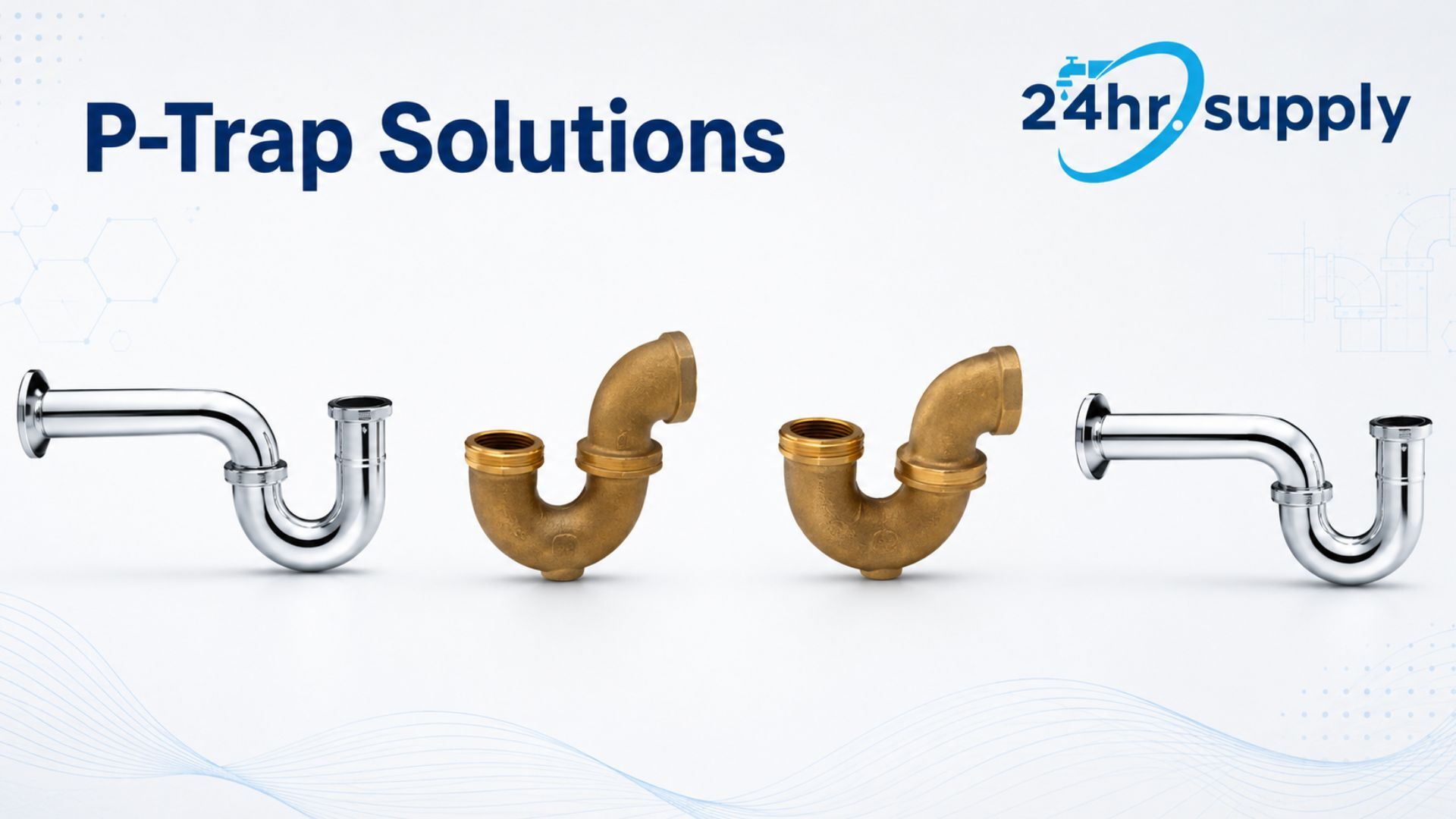 Four P-trap plumbing fittings are displayed in chrome and brass finishes. The image shows different curved trap configurations used in sink and drainage systems. These fittings retain a water seal that helps block sewer gases while allowing wastewater to pass through the drain.