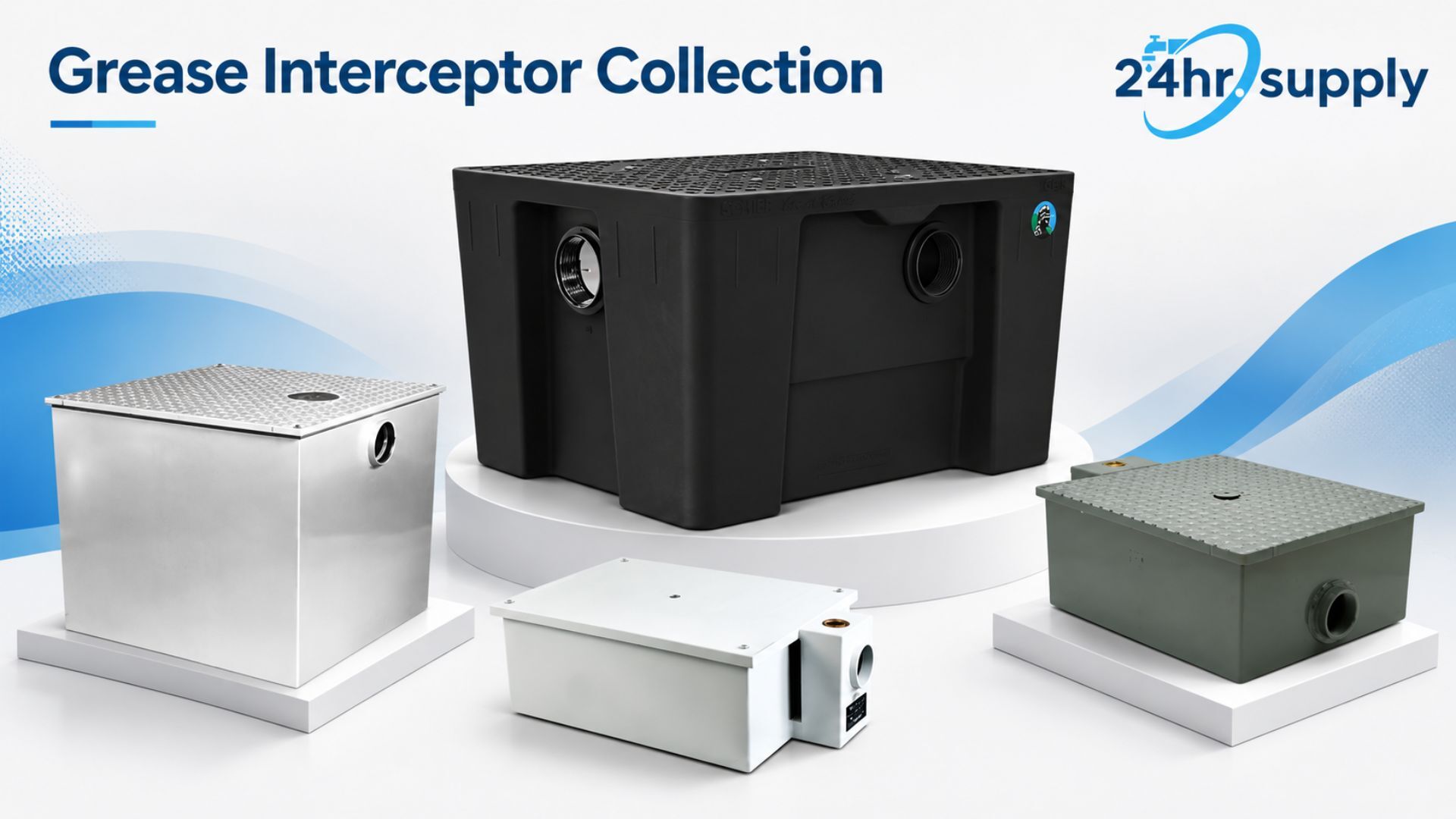 Four grease interceptors are displayed together, including stainless steel, compact rectangular, and larger black molded models. The collection shows different sizes, materials, lid styles, and inlet or outlet configurations used for commercial kitchen grease management. The larger black unit has a textured top and multiple plumbing connections, while the metal models feature removable covers for access and maintenance. These products represent several grease interceptor designs suited to different flow, space, and installation requirements.