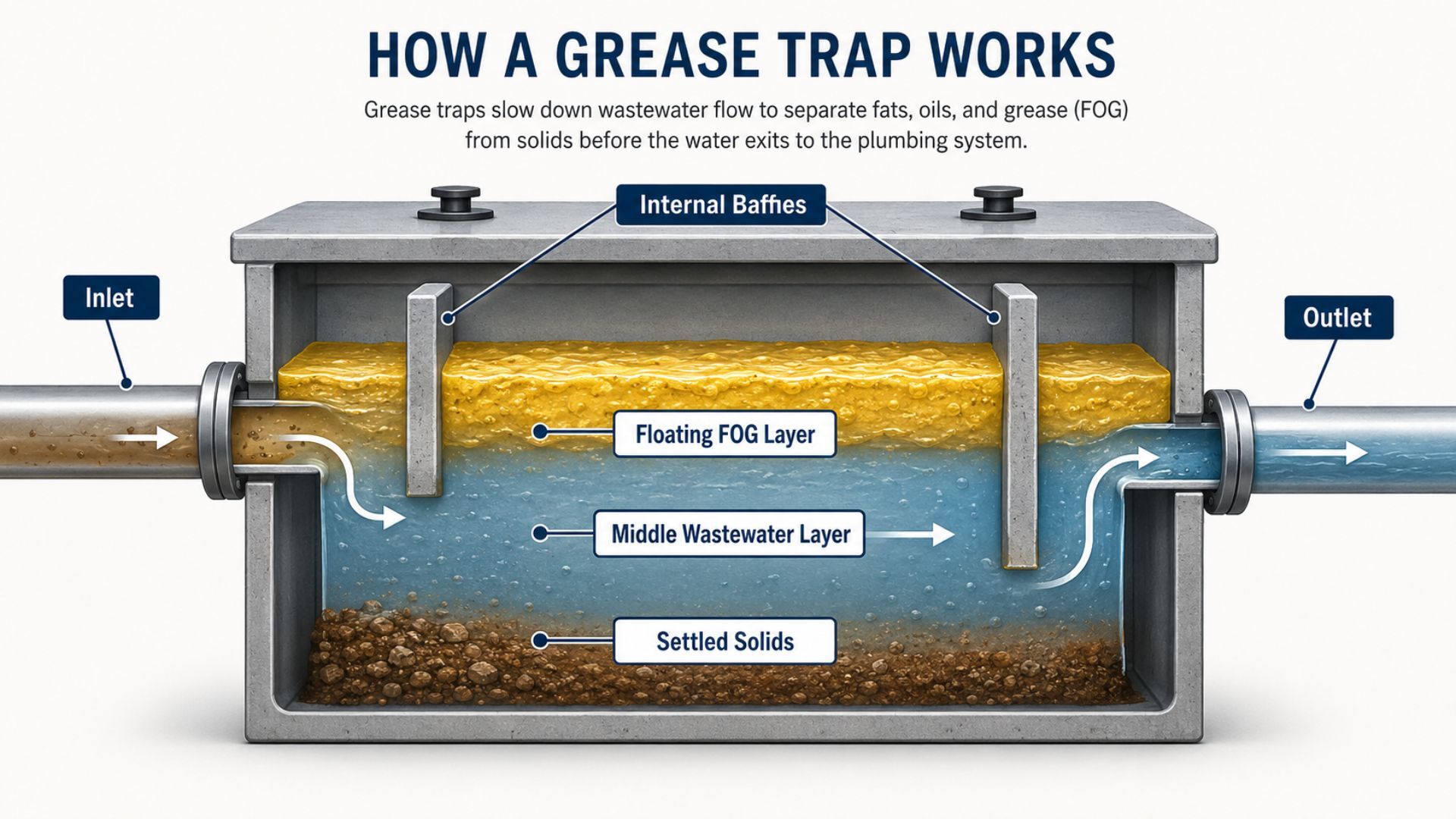 This grease trap diagram shows a labeled cross-section of a grease trap and explains how it separates wastewater. The image identifies the inlet, outlet, internal baffles, floating FOG layer, middle wastewater layer, and settled solids. Arrows show the path of wastewater as grease rises to the top and solids settle at the bottom.