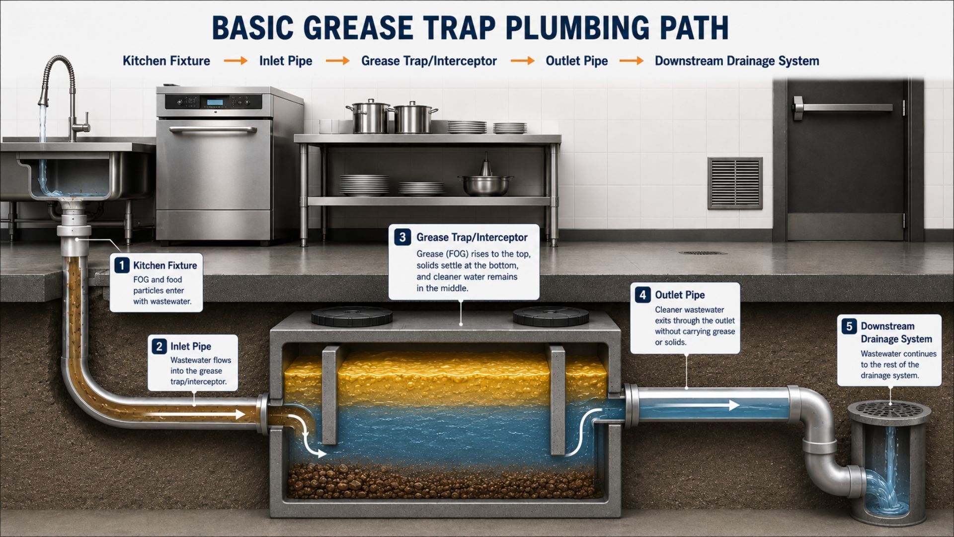This grease trap plumbing path diagram shows how wastewater moves from a commercial kitchen fixture through the inlet pipe, into the grease trap or interceptor, and then out through the outlet pipe to the downstream drainage system. The cutaway view labels each stage and shows the FOG layer floating above the wastewater, with solids settled at the bottom. Arrows illustrate the direction of flow through the full plumbing path.&nbsp;