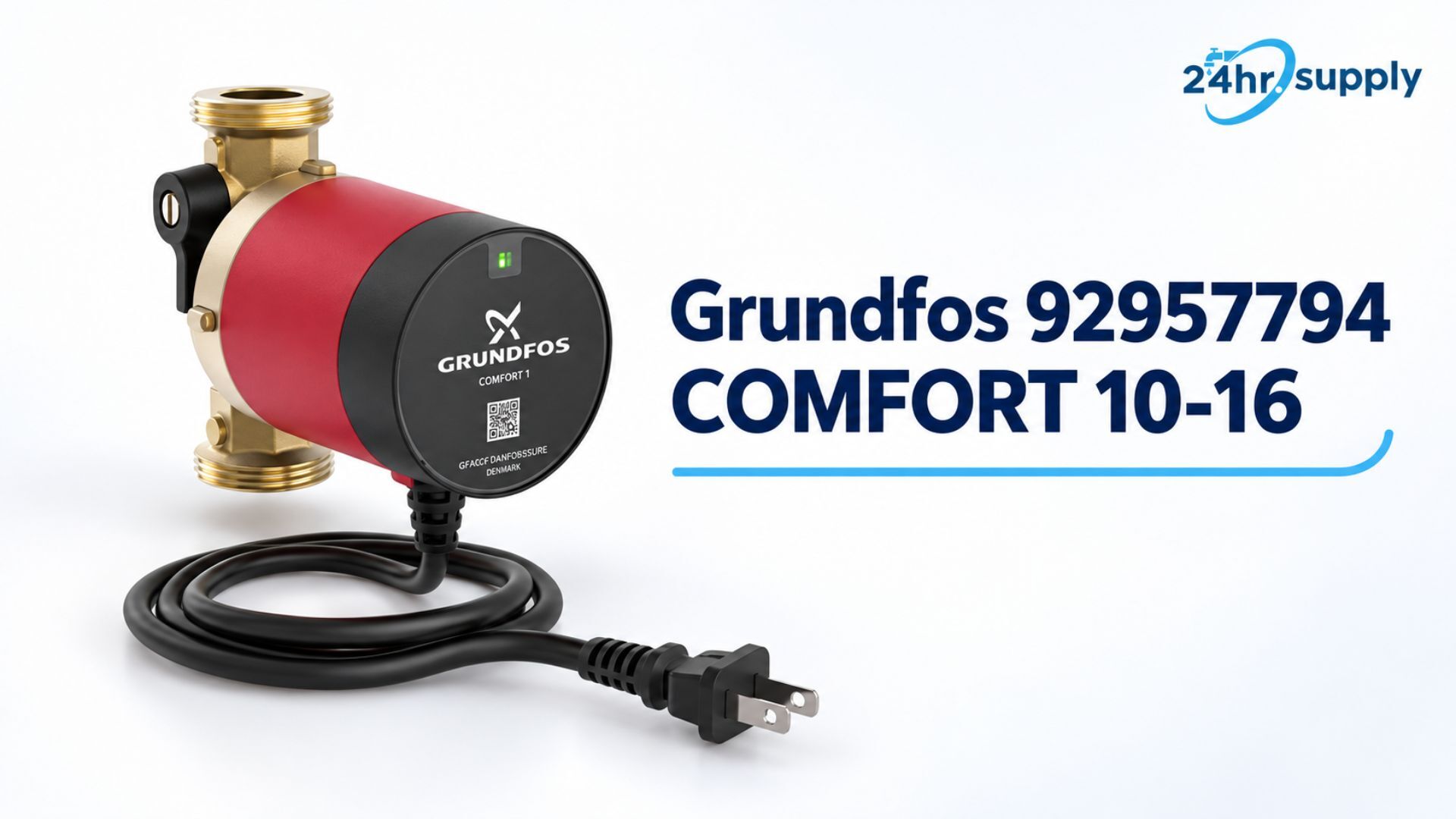 A Grundfos 92957794 COMFORT 10-16 hot-water recirculation pump is shown against a white background. The compact unit has a red motor housing, brass threaded connections, a black front control panel, and a green status indicator. A coiled electrical cable with a standard plug extends from the pump for connection to a power outlet.