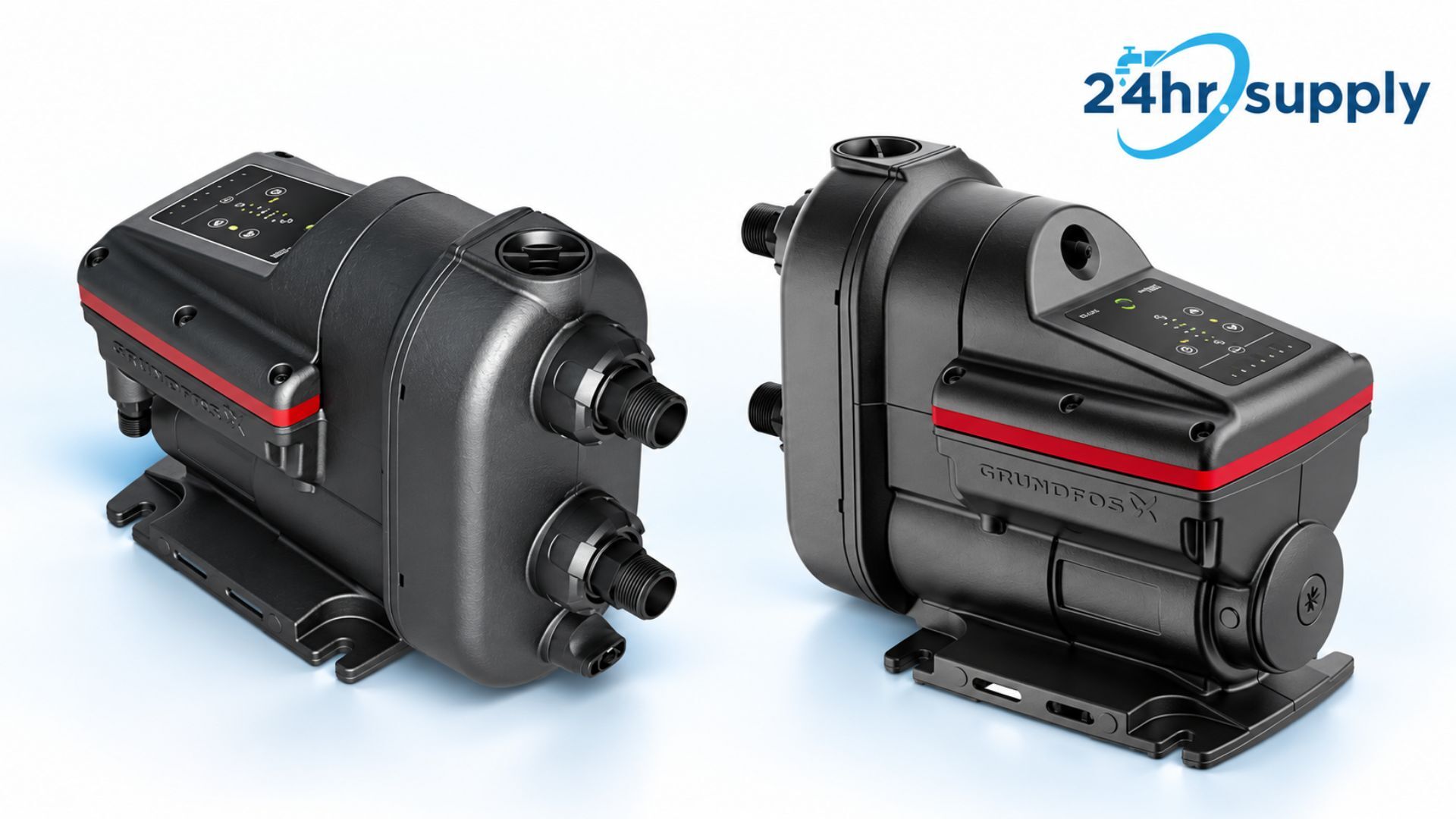 A Grundfos 93013251 SCALA2 pressure-boosting pump is shown from an angled front view against a white background. The compact black unit has a top control panel, red accent stripe, mounting base, and several threaded plumbing connections. It is designed to maintain steady water pressure in residential supply systems as household demand changes.