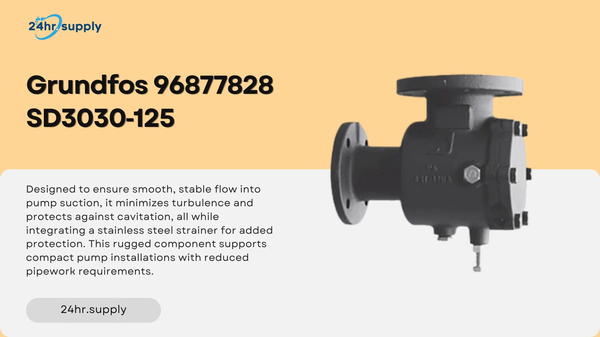 Product image of the Grundfos 96877828 SD3030-125 suction diffuser against a pale orange and light grey background. The dark metal housing has flanged connections at the top and left, with a bolted access cover on the right. A hexagonal side plug and small fittings beneath the housing are also visible.