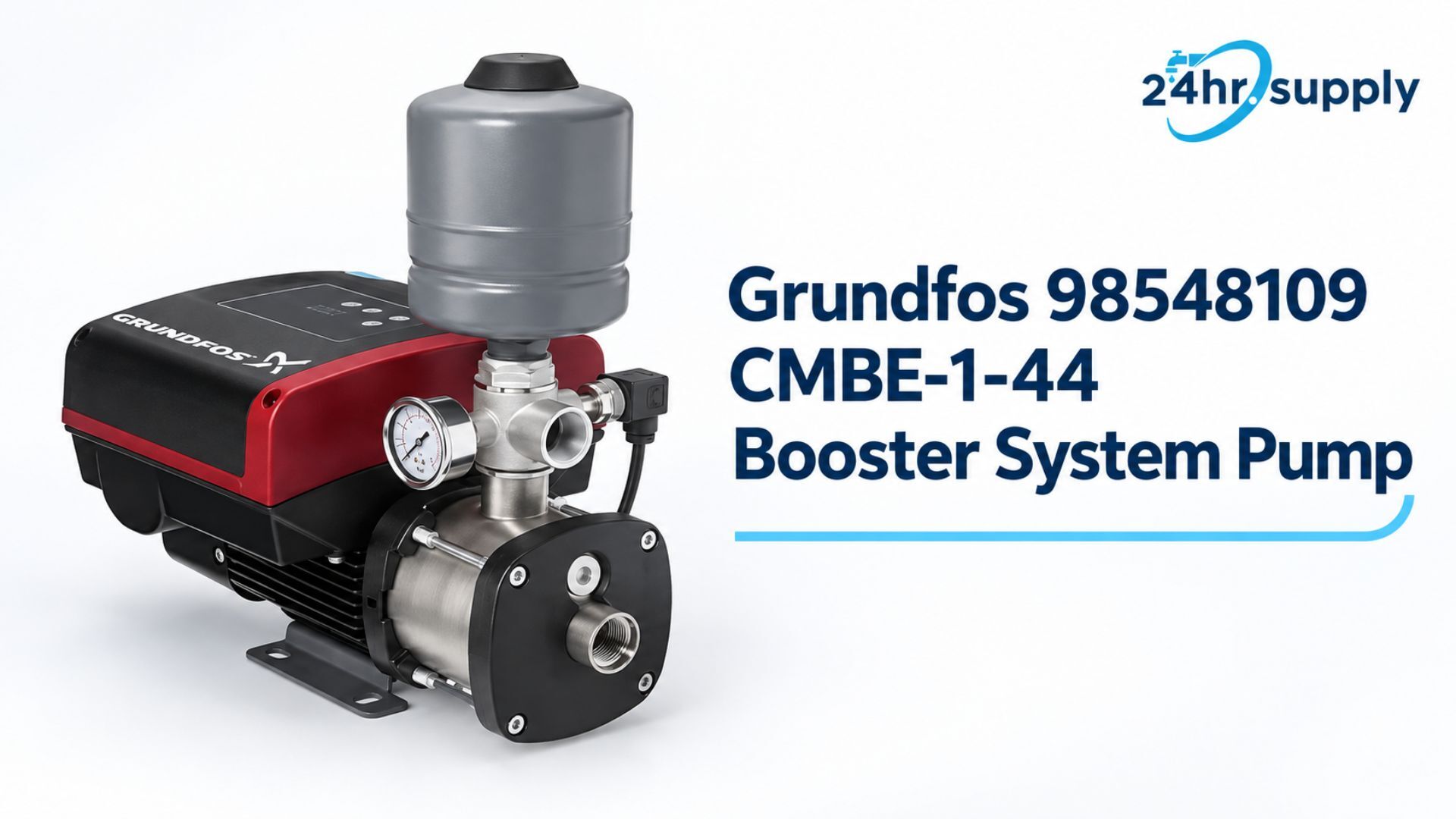 A Grundfos 98548109 CMBE-1-44 booster system pump is shown from an angled front view against a white background. The compact system includes a multistage stainless-steel pump, integrated motor and controller, pressure gauge, sensor connection, and gray pressure tank. It is designed to increase water pressure and maintain a steady supply as demand changes in residential or light commercial plumbing systems.