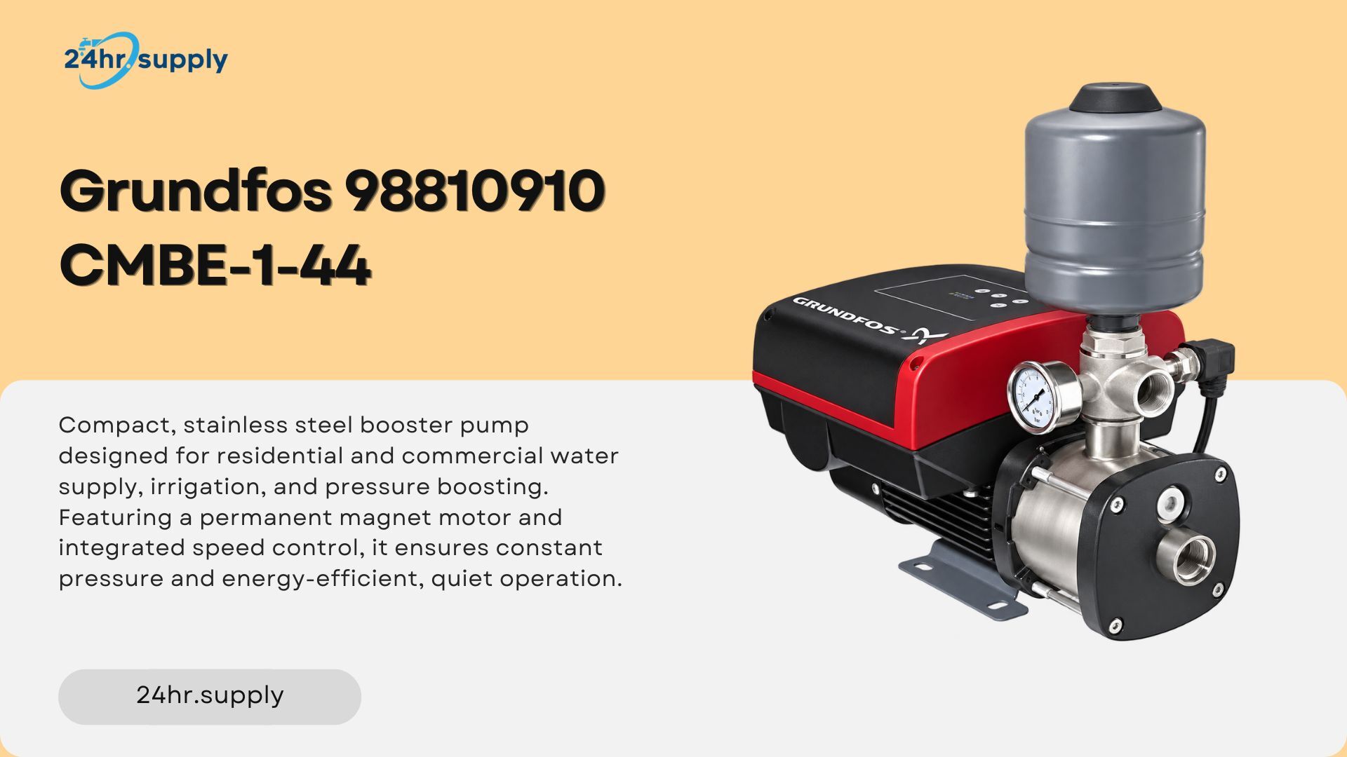  A Grundfos booster pump shown at an angle against a pale orange and white background. The pump has a red and black motor housing connected to a stainless steel pump body. A gray pressure tank sits above the pipe connections, with a round pressure gauge below it. Threaded openings and metal mounting feet are visible at the front and base.