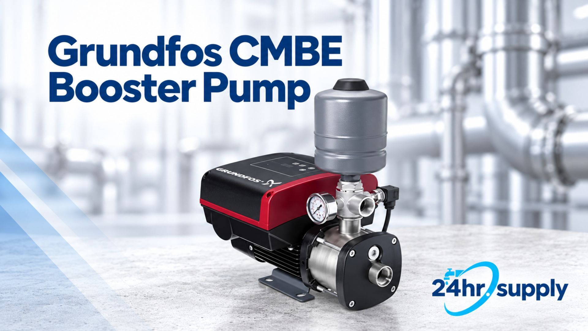 Product illustration of the Grundfos CMBE 98810910 booster pump on a light-grey surface with blurred metal pipework behind it. The assembly has a red-and-black motor housing, a stainless steel pump body, and a grey pressure tank mounted above the connections. A round pressure gauge and threaded front connection are clearly visible.