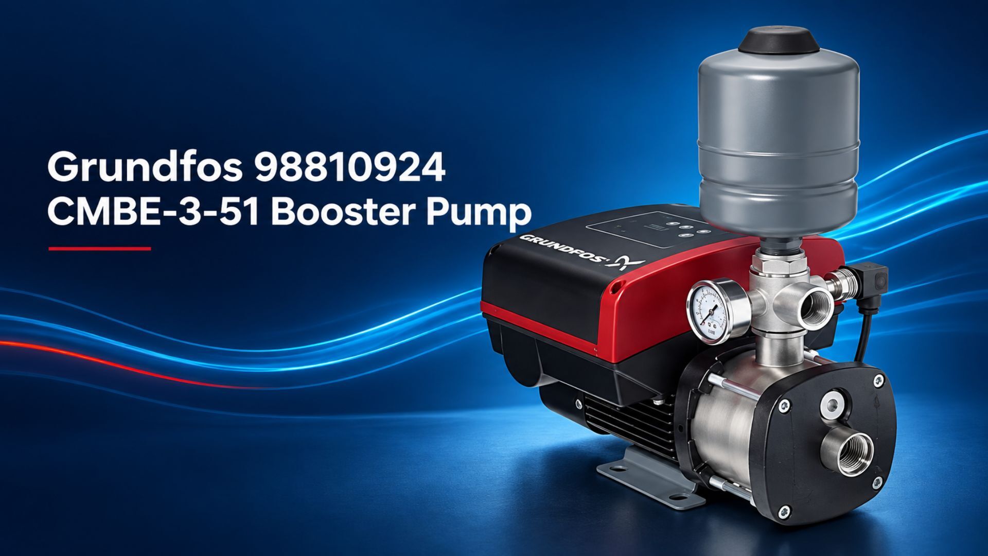 A Grundfos CMBE-3-51 booster pump is displayed against a dark blue background with blue and red flowing lines. The system includes a red-and-black motor housing, gray pressure tank, stainless-steel pump body, pressure gauge, electrical connector, and threaded water ports. The complete assembly sits on a metal mounting base for residential or commercial water-pressure applications.
