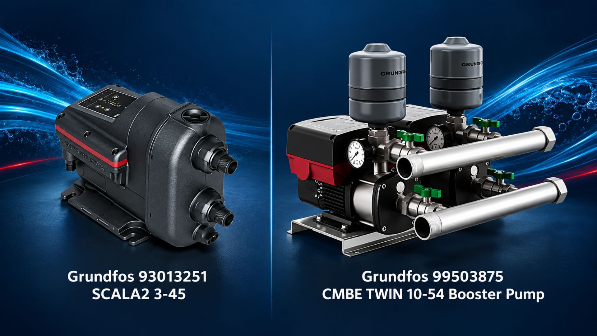 A Grundfos SCALA2 3-45 compact water-pressure booster pump appears beside a larger Grundfos CMBE TWIN 10-54 system. The commercial booster system includes two pressure tanks, gauges, green control valves, stainless-steel manifolds, and a mounted pump assembly. Blue water effects across the dark background highlight the equipment&rsquo;s role in residential and commercial water-pressure control.