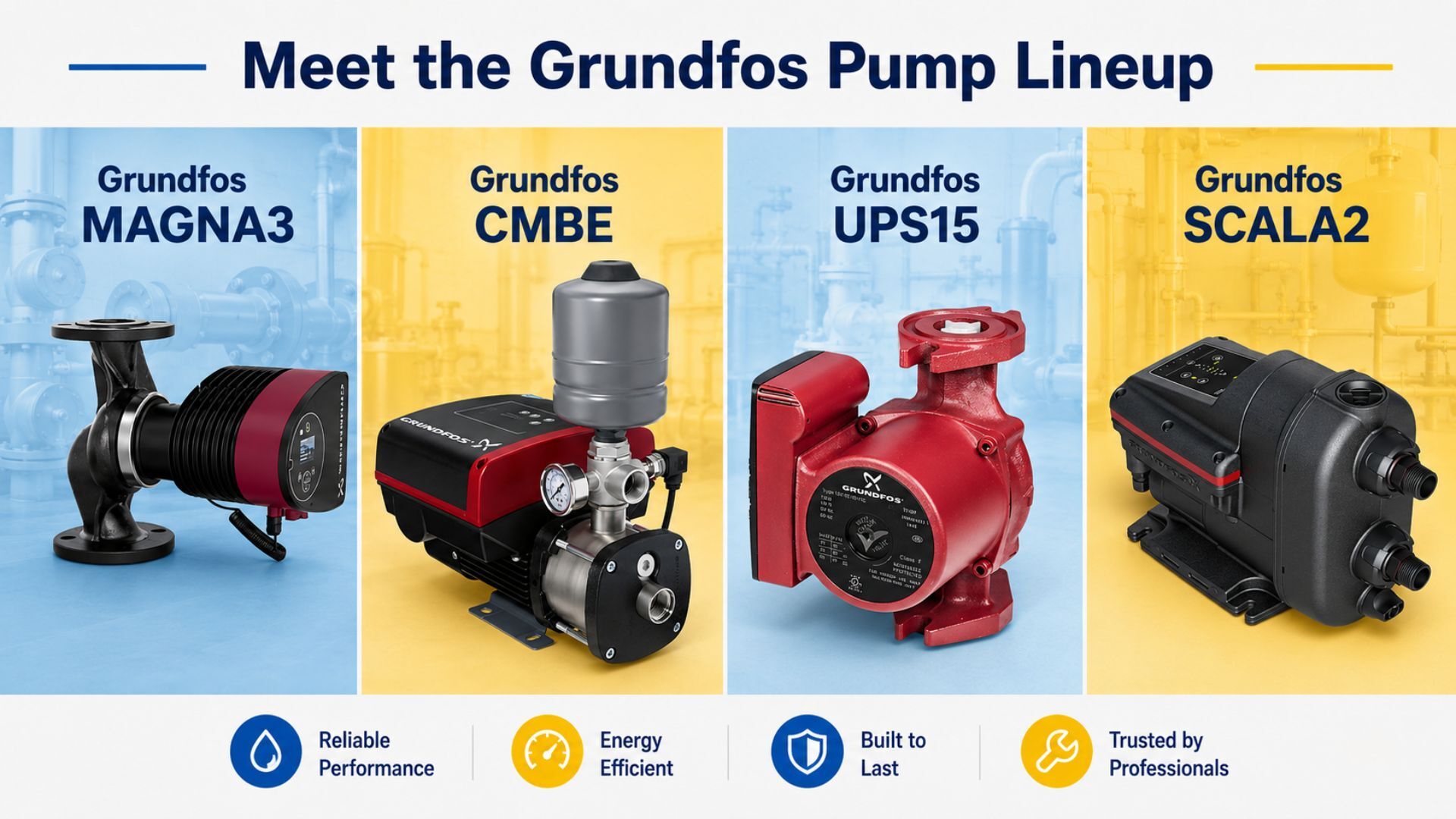 Grundfos pump lineup featuring MAGNA3, CMBE, UPS15, and SCALA2 .