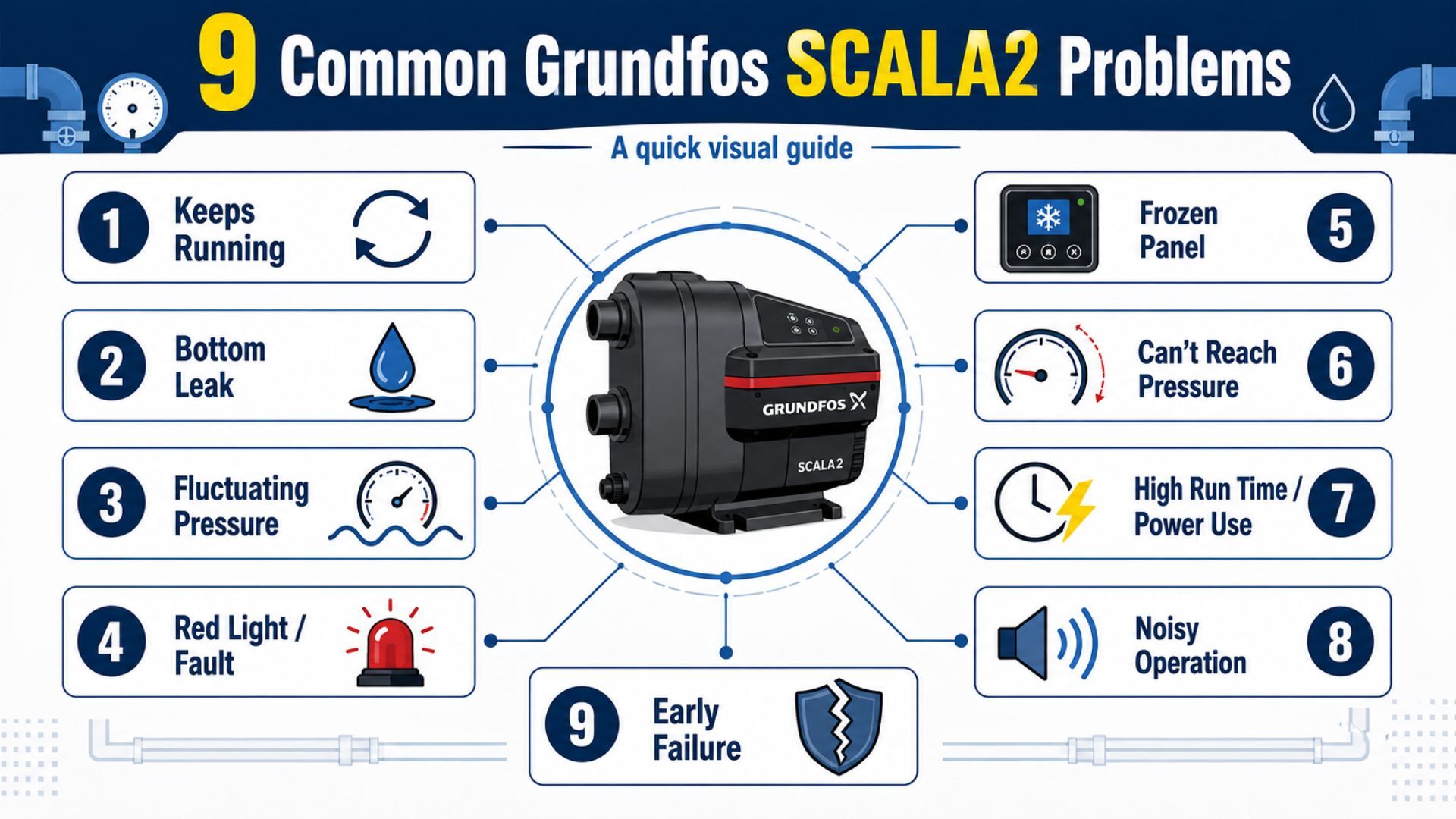 Infographic showing 9 common Grundfos SCALA2 problems visually.