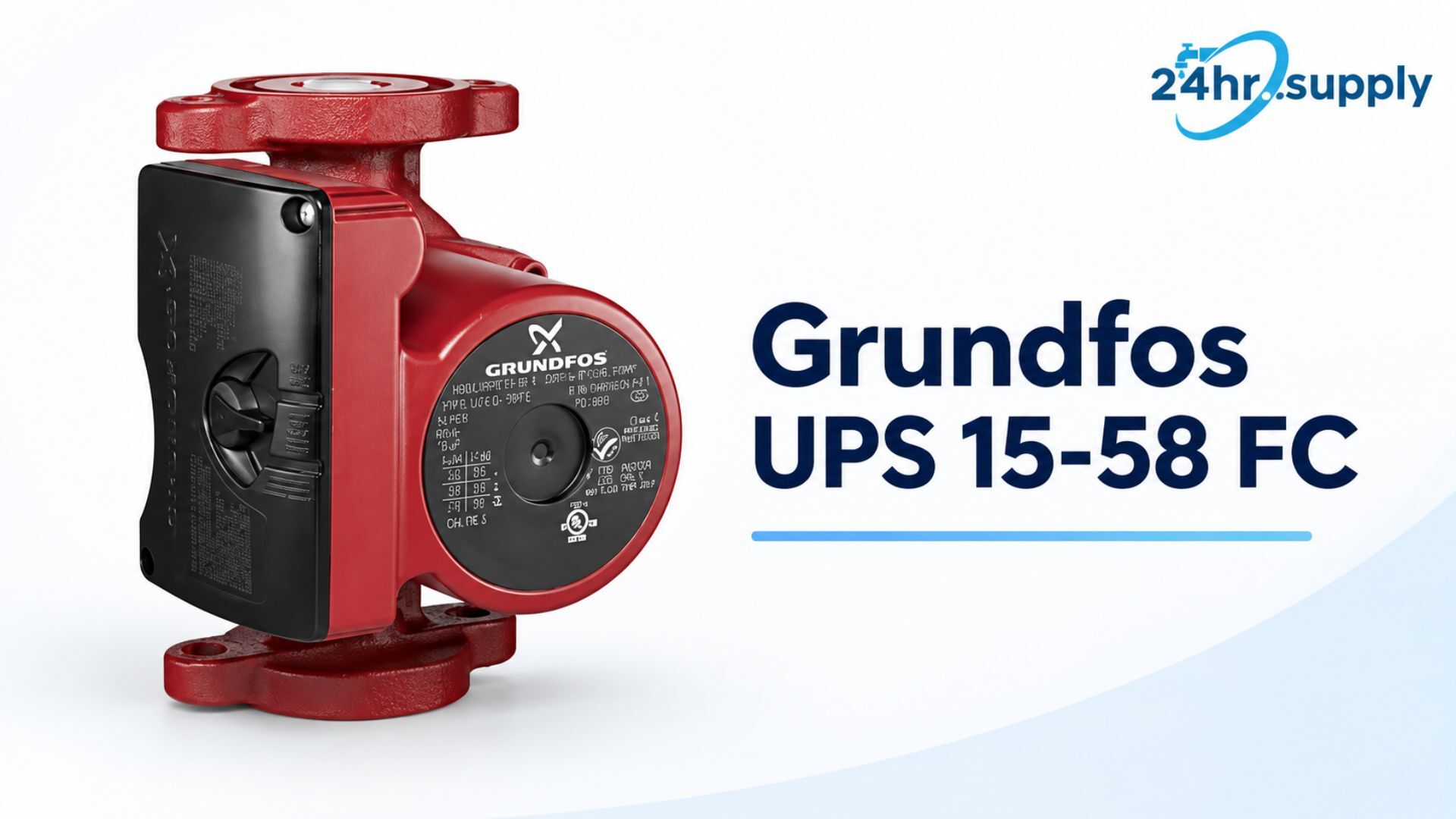 A Grundfos UPS 15-58 FC three-speed circulator pump is shown from the front and side against a white background. The red cast-iron pump body includes flanged pipe connections, a round motor housing, and a black electrical control box with a manual speed selector. This model circulates water through residential heating, hydronic, and hot-water systems.