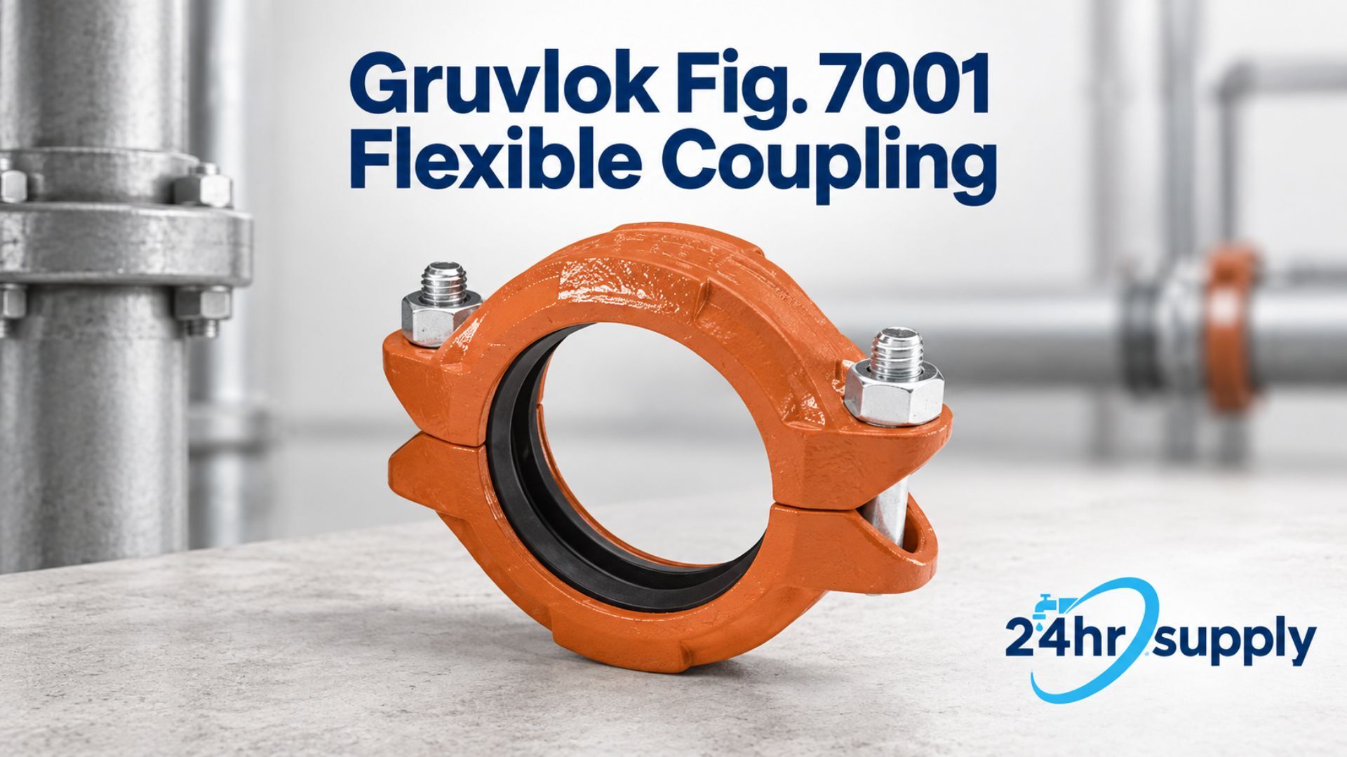 Orange Gruvlok Fig. 7001 flexible grooved coupling with two bolted housing sections and a black gasket visible inside the connection. The coupling is displayed against a commercial piping background with metallic pipes and flanged connections. The product represents a flexible mechanical pipe connection used in plumbing, HVAC, industrial, and other grooved piping systems.