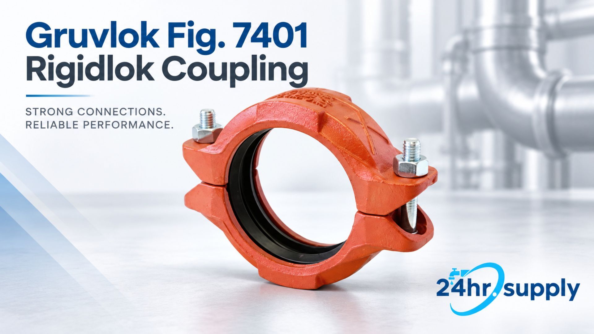 Orange Gruvlok Fig. 7401 Rigidlok grooved coupling with a two-piece housing, black gasket, and silver bolts and nuts. The rigid mechanical coupling is displayed against a clean industrial background with metallic pipes and fittings. Its design is intended for joining grooved pipe in commercial plumbing, HVAC, mechanical, and industrial piping systems.