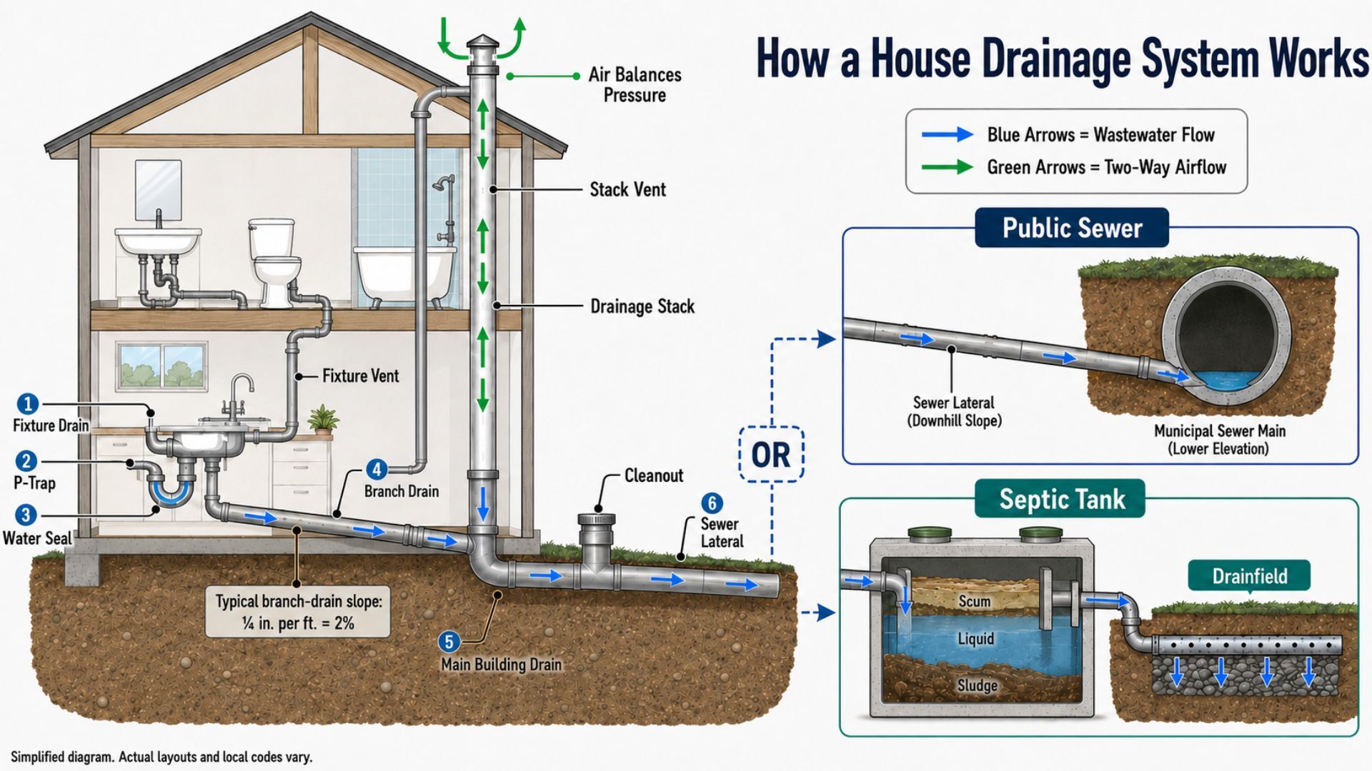 This house drain system diagram illustrates how wastewater travels from household plumbing fixtures through the drainage network to either a municipal sewer or a private septic system. The cutaway home shows labeled components including the fixture drain, P-trap, water seal, branch drain, drainage stack, vent stack, main building drain, cleanout, and sewer lateral, while arrows indicate the direction of wastewater flow and vent airflow. The diagram also compares the two possible discharge destinations by showing a public sewer connection and a septic tank with a drainfield, helping explain how residential drainage systems safely remove wastewater.
