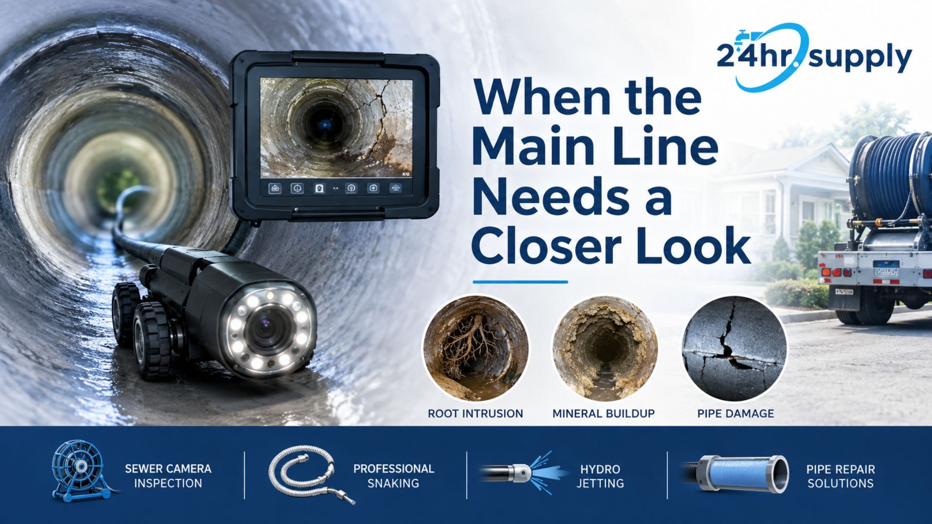 Sewer camera inspection showing root intrusion, buildup, and pipe damage.