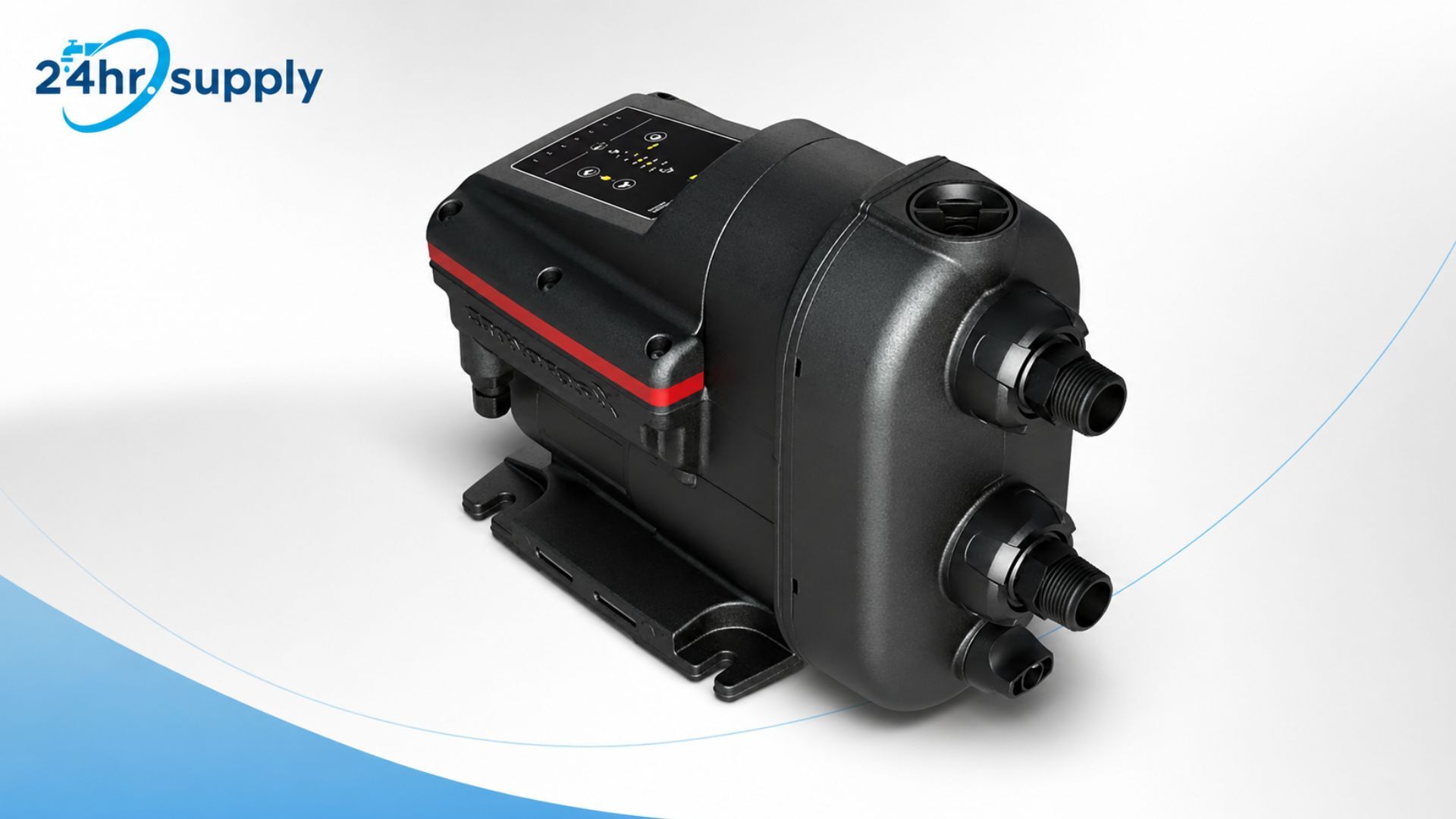 Grundfos SCALA2 residential water pressure booster pump shown in a three-quarter view with a black housing, red accent stripe, integrated control panel, and multiple threaded water connections. The compact unit sits on a mounting base and is designed for household pressure-boosting applications. Its front connection ports and top control interface are clearly visible, highlighting the pump&rsquo;s all-in-one residential design.
