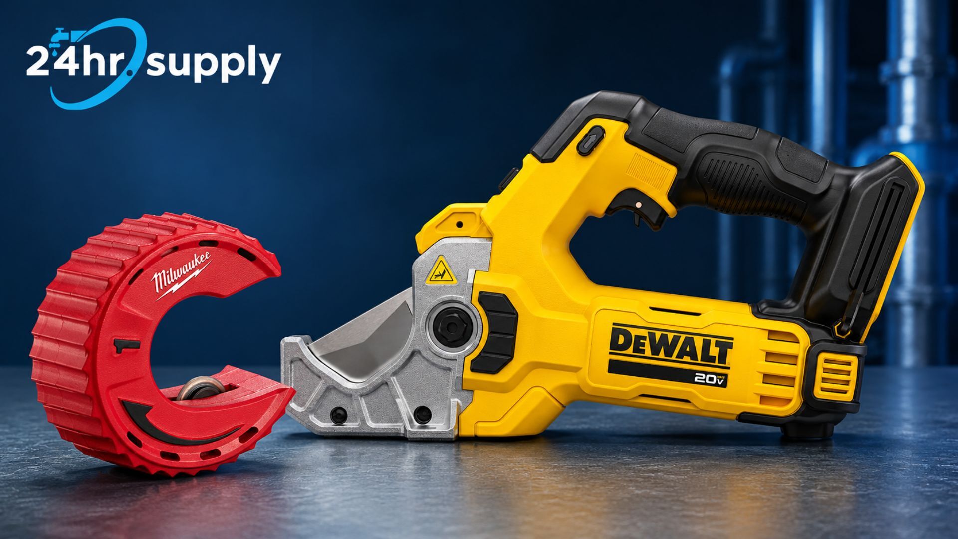 A close-up product display shows a compact red Milwaukee tube cutter beside a yellow-and-black DEWALT 20V powered tube cutter. Both tools rest on a steel-textured workbench with industrial pipes visible in the background. The cutting wheels, metal jaws, handles, and tool housings are clearly shown.
