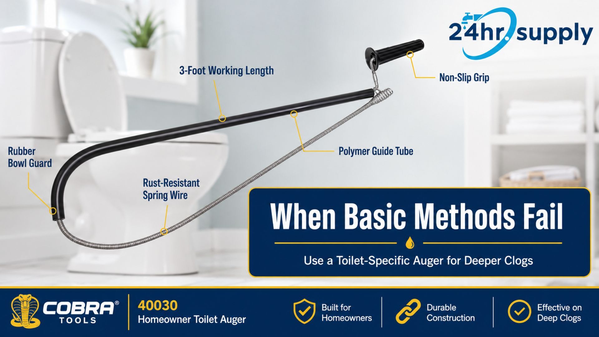 Cobra toilet auger with key features for clearing deep toilet clogs