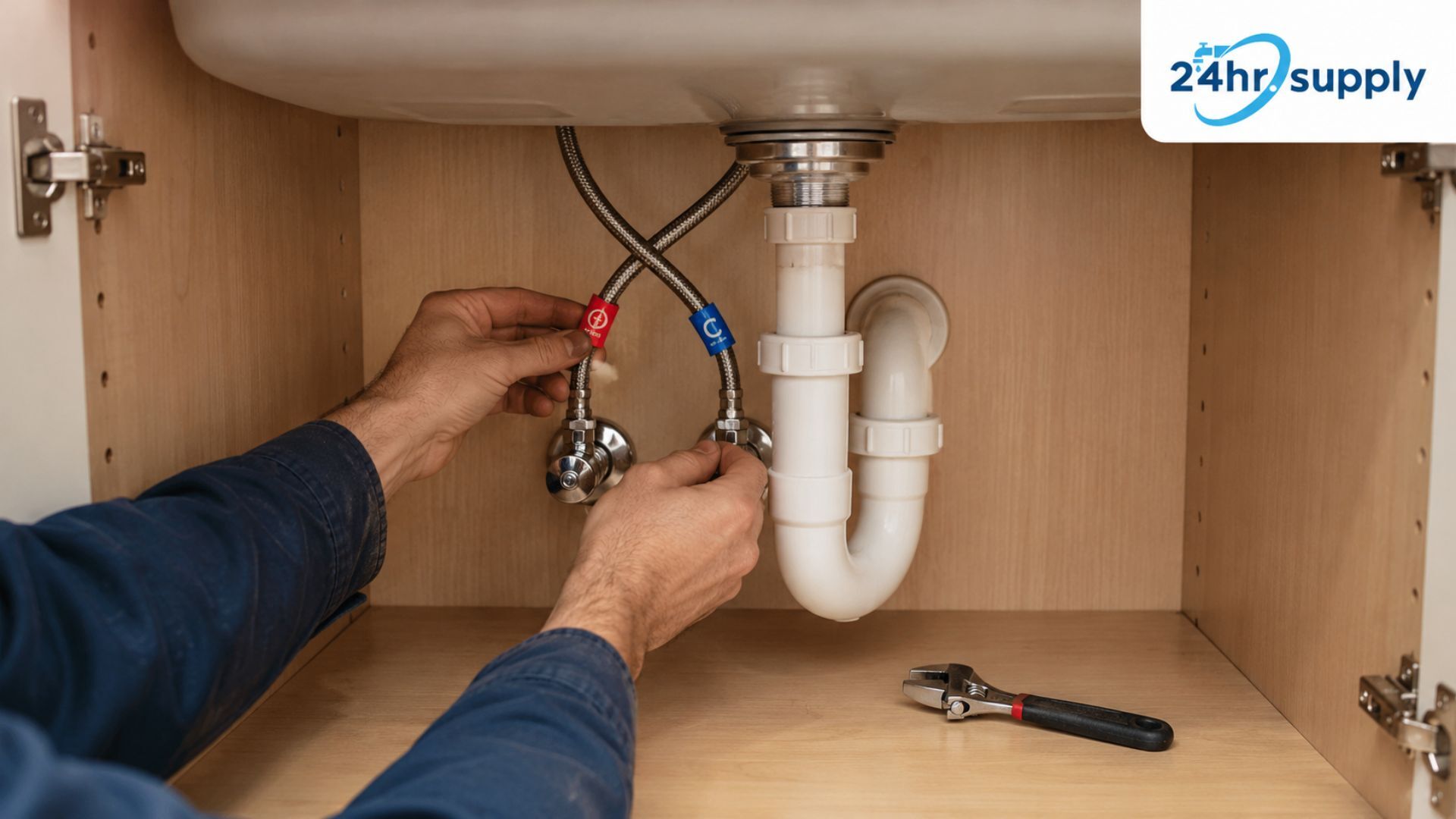 Contractor checking crossed hot and cold supply lines under a sink.