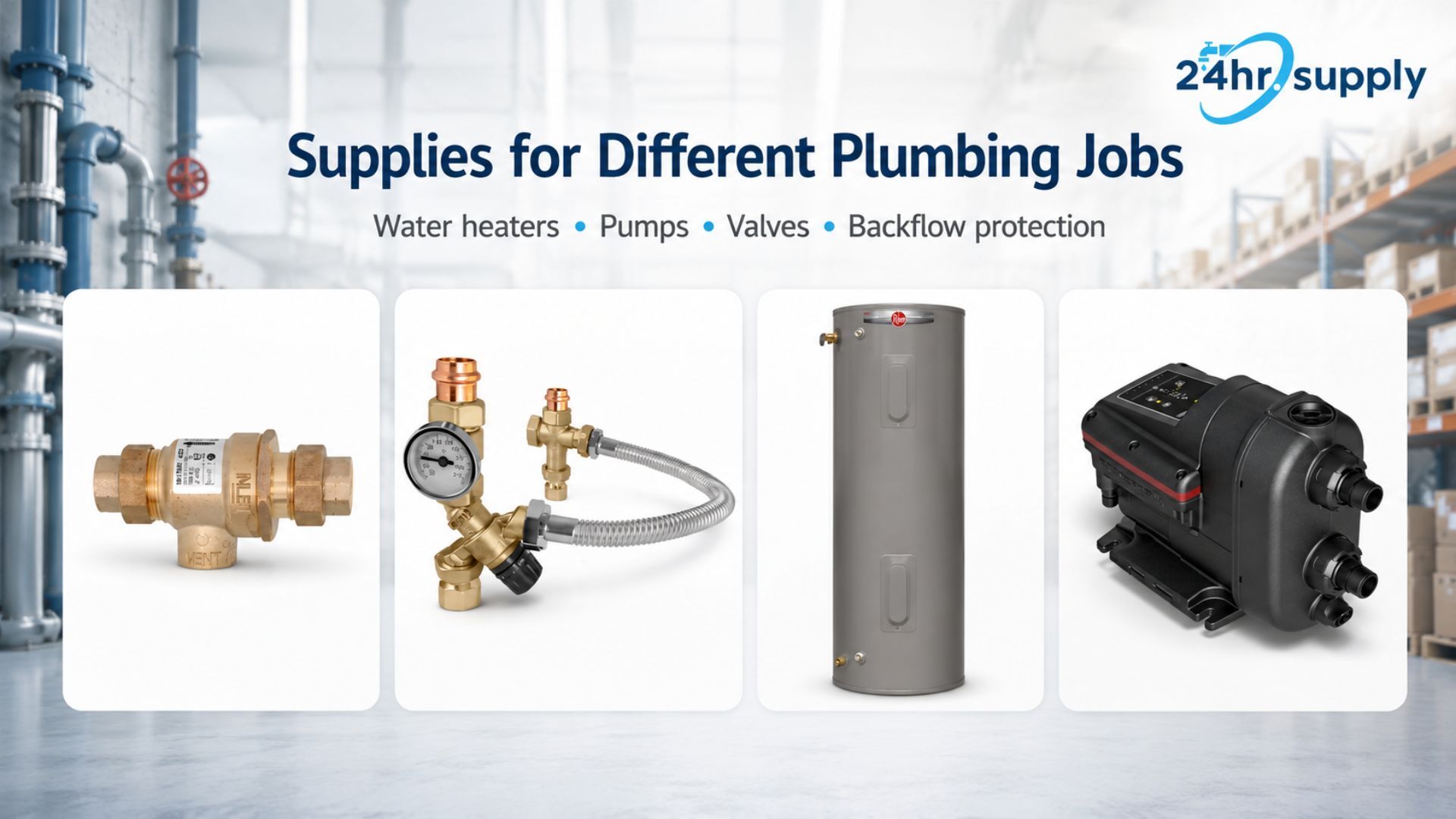 24hr Supply plumbing products including water heater, pump, valve, and backflow preventer.