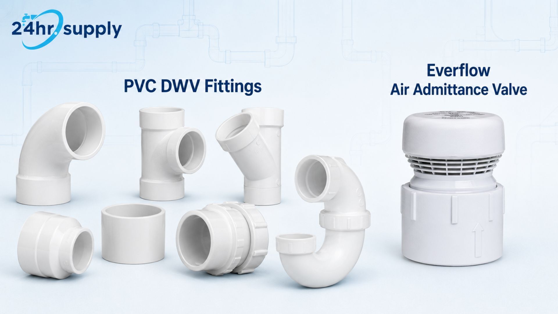 Image showing a selection of white PVC DWV plumbing fittings alongside an Everflow air admittance valve used in residential drain-waste-vent systems. The assortment includes common DWV components such as elbows, tees, couplings, adapters, and a P-trap that help connect and direct wastewater pipes throughout a building. These drainage components support proper wastewater flow, pipe routing, and venting by allowing air into the system to balance pressure and help prevent sewer gases from entering indoor spaces.