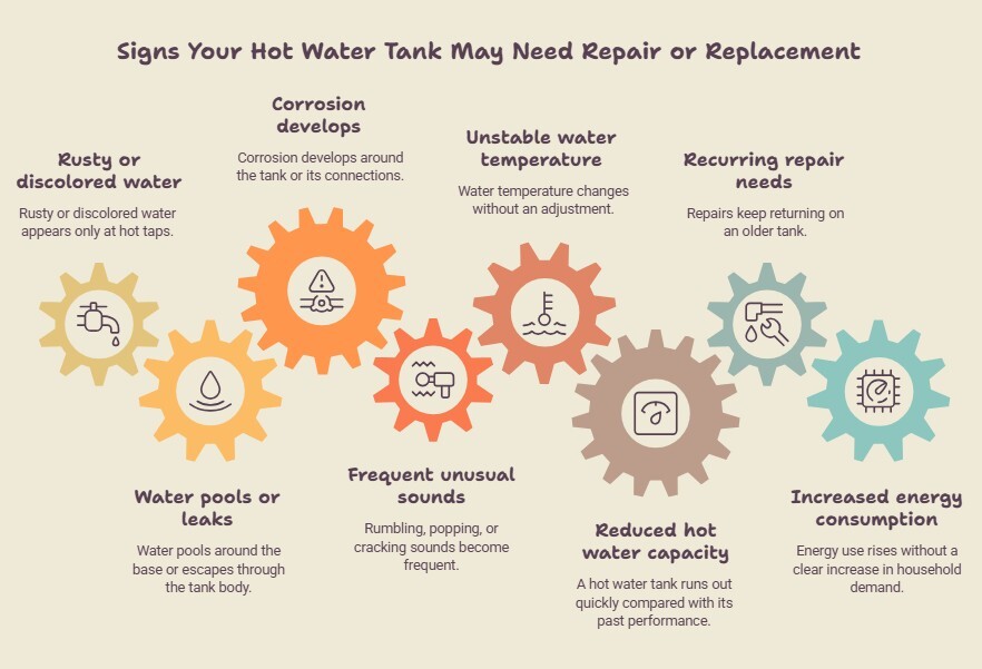 Signs your hot water tank may need repair or replacement Infographic showing eight signs that a hot water tank may need repair or replacement. Warning signs include rusty or discolored hot water, pooling water or tank leaks, corrosion around the tank or connections, frequent rumbling or popping sounds, unstable water temperature, reduced hot water capacity, recurring repairs, and increased energy consumption. Color-coded gear icons illustrate each problem and help homeowners recognize declining water heater performance.