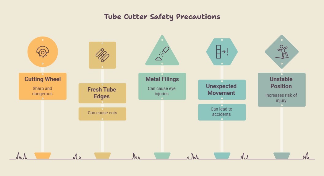 An illustrated tube cutter safety infographic identifies five common hazards during tube cutting. The risks include a sharp cutting wheel, fresh tube edges, flying metal filings, unexpected tube movement, and an unstable working position. Each hazard explains possible consequences such as cuts, eye injuries, accidents, and other injuries.