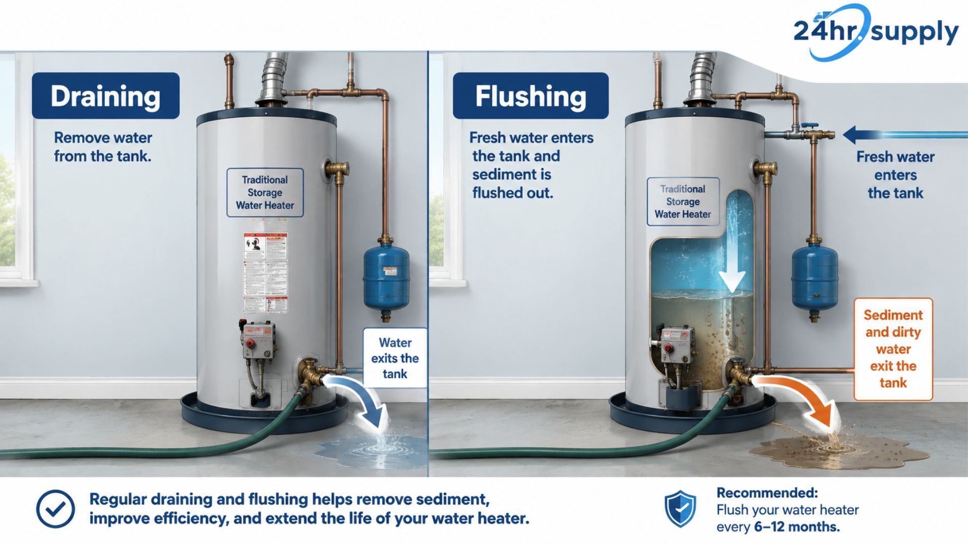 Draining vs. flushing a water heater to remove sediment buildup safely